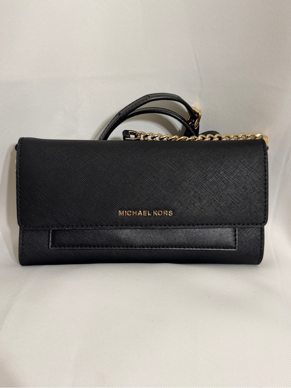 Michael Kors Black Saffiano Leather Crossbody with Gold Chain